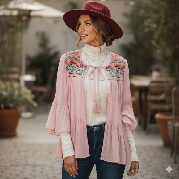 Romeo & Juliet Couture Tops - Romeo + Juliet  Couture Pink Embroidered Ruffle Kimono Peasant Top Size Large